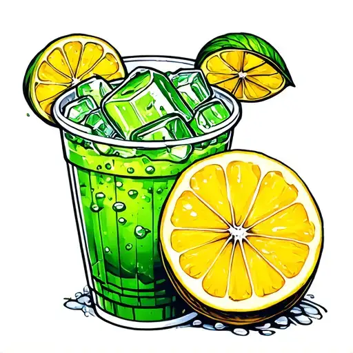 plastic cup whit a green drink and ice cube merging whitout lemon tattoo design idea