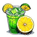 plastic cup whit a green drink and ice cube merging whitout lemon tattoo design idea