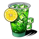 plastic cup whit a green drink and ice cube merging whitout lemon tattoo design idea