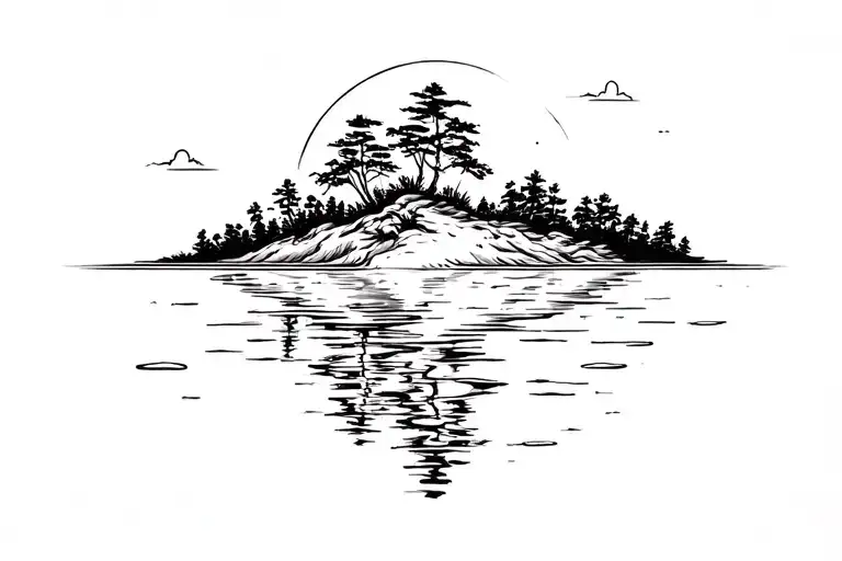 Island covered in native busy reflecting in water  tattoo design idea
