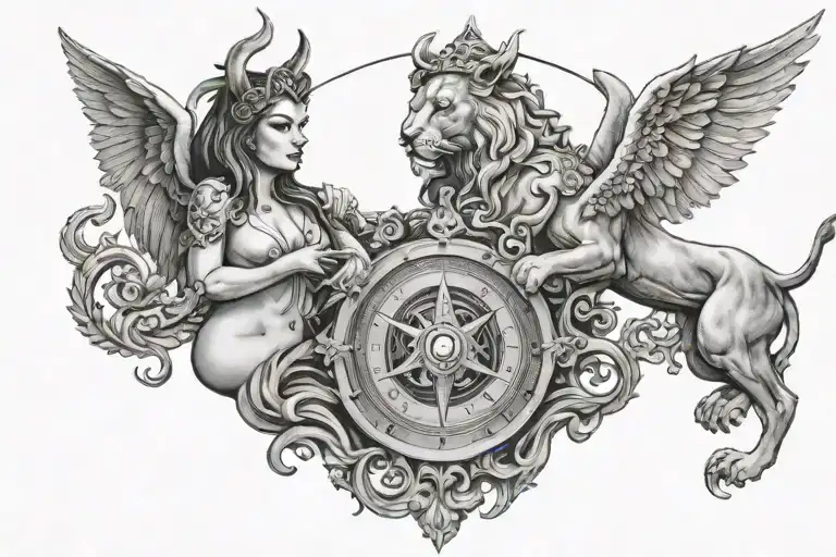 Devil and Angel symetrical with fire on the devil's side, holding a  compass and female lion tattoo design idea