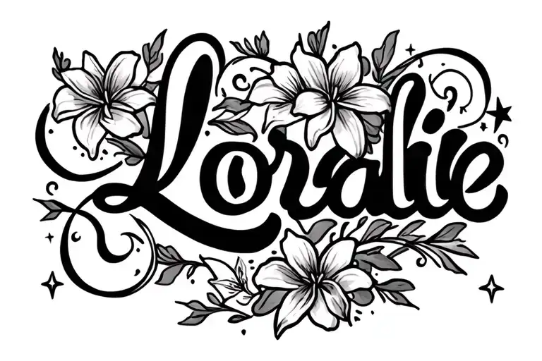 loralie in fancy cursive font thin lettering with lilys and swirly's and little stars tattoo design idea