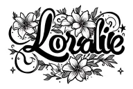 loralie in fancy cursive font thin lettering with lilys and swirly's and little stars tattoo design idea