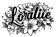 loralie in fancy cursive font thin lettering with lilys and swirly's and little stars tattoo design idea