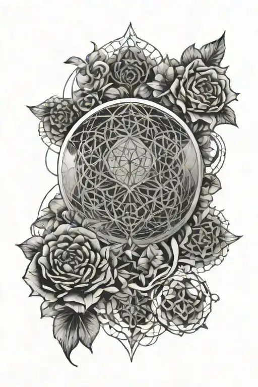 A geometric design incorporating elements of flower of life sacred geometry and skulls and third eye symbolizing rebirth tattoo design idea