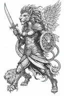 valkyrie with wings and in armor with a spear and shield. At her feet a lion's head with an open mouth tattoo design idea