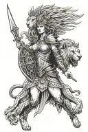 valkyrie with wings and in armor with a spear and shield. At her feet a lion's head with an open mouth tattoo design idea