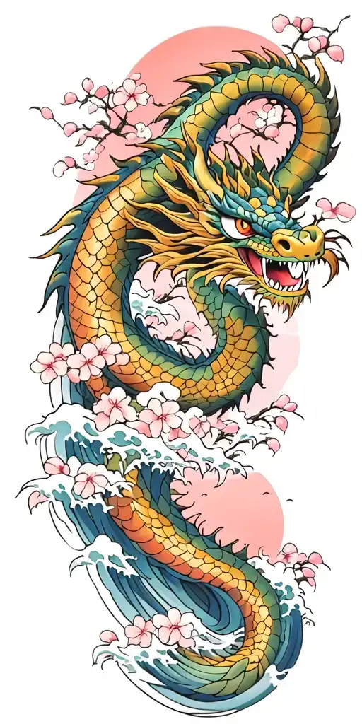 A fierce blue dragon emerging from the ocean waves with cherry blossom trees in the background tattoo design idea
