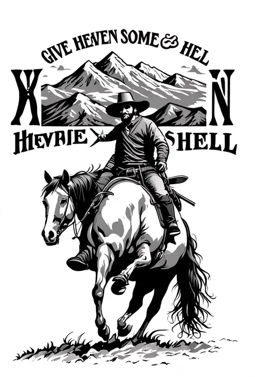 bronc rider with mountain range with roman numerals and the writing give heaven some hell tattoo design idea