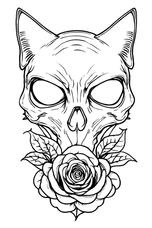 "Cat skull" rose intertwined tattoo design idea