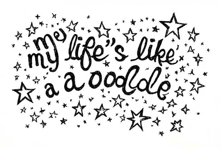a doodle of stars scattered with the lyrics "my life's like a doodle"  incorporated tattoo design idea