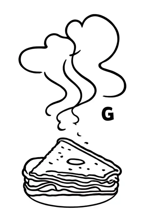 A minimalist outline of a slice of lasagna with a small, stylized letter "G" subtly hidden in the steam cloud rising up. tattoo design idea