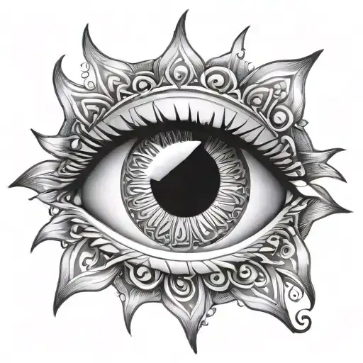 eye against evil eyes with sun in the background, the sun is round, the eye is similar to the eye of the hand of Fatima tattoo design idea
