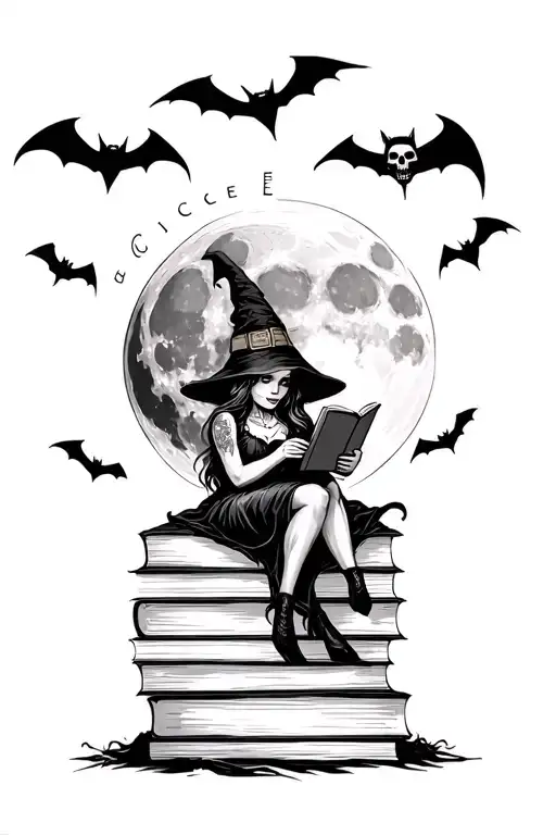 "Moon cycle behind the witch" cute witch sitting on a stack of books with a skull on the books and the witch is reading with bats in the sky and the  tattoo design idea