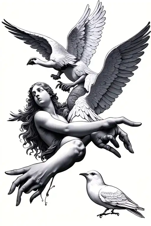 angels and birds and two hands pointing tattoo design idea