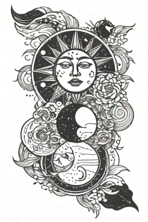 moon and sun that is linear composition combining elements tattoo design idea