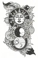 moon and sun that is linear composition combining elements tattoo design idea