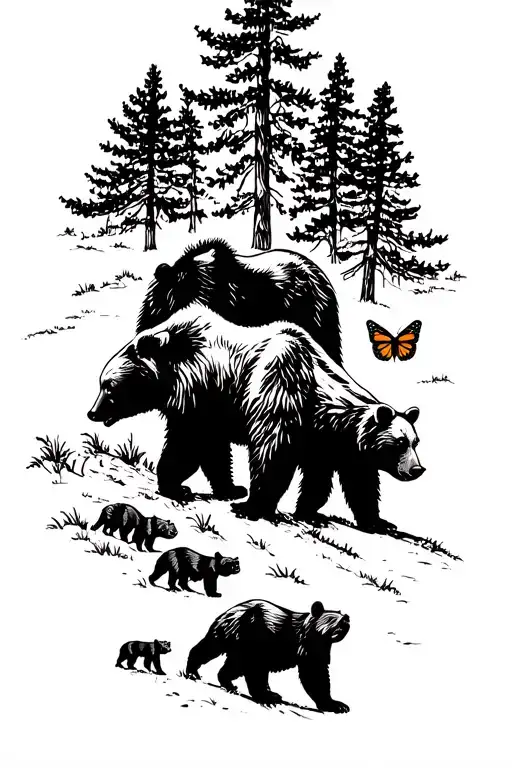 Papa bear and 3 black bear cubs and 2 monarch butterfly walking in the wilderness trees tattoo design idea