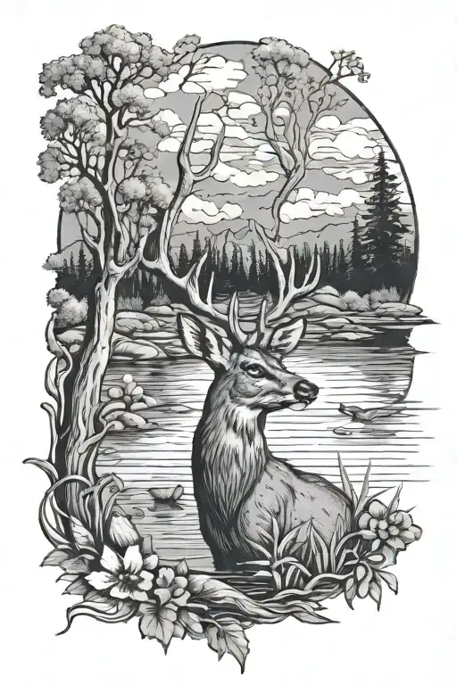 deer walleye pheasant in nature and a lake  tattoo design idea