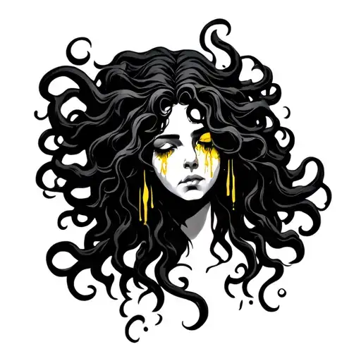 a simple black and white medusa head wither her hair of snacked and have her crying golden tears  tattoo design idea