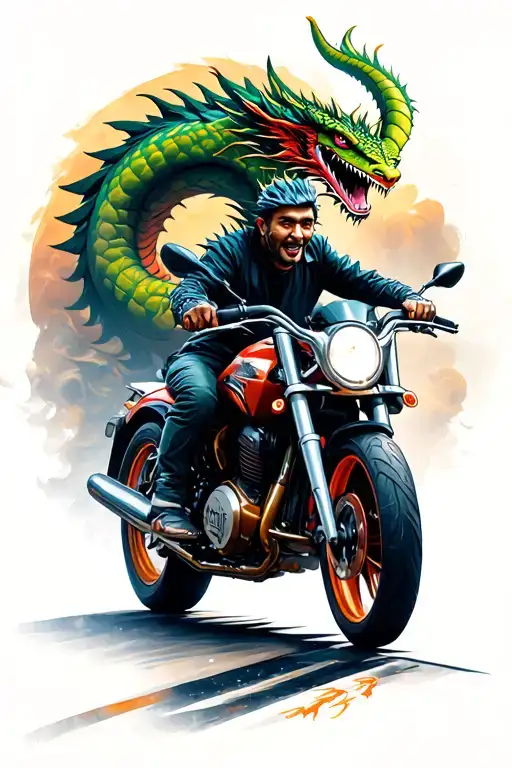 man riding a motorbike with Shenron behind him tattoo design idea