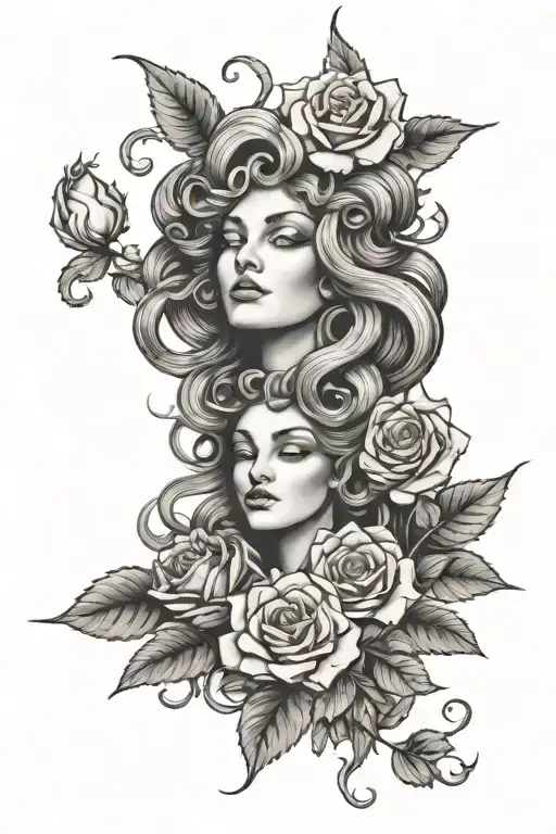 Medusa and roses intertwined tattoo design idea