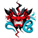 a black and red Japanese hannya mask is broken in half. From the break in the mask a blue snake rises. add a semi colon tattoo design idea