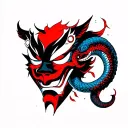 a black and red Japanese hannya mask is broken in half. From the break in the mask a blue snake rises. add a semi colon tattoo design idea