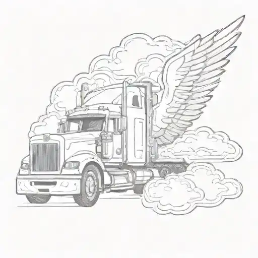semi truck floating on the clouds forming wings spread wide with the name "Smokin Joe Messenger" tattoo design idea