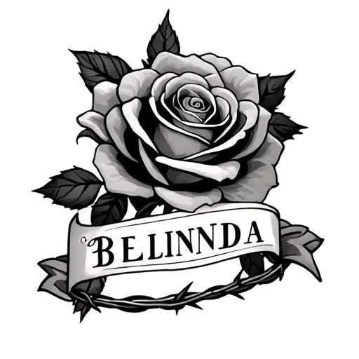 background filler rose and barbed wire around the name belinda tattoo design idea