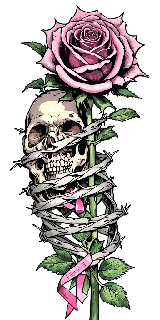 dead roses, barbed wire wrapped, and breast cancer awarness tattoo design idea