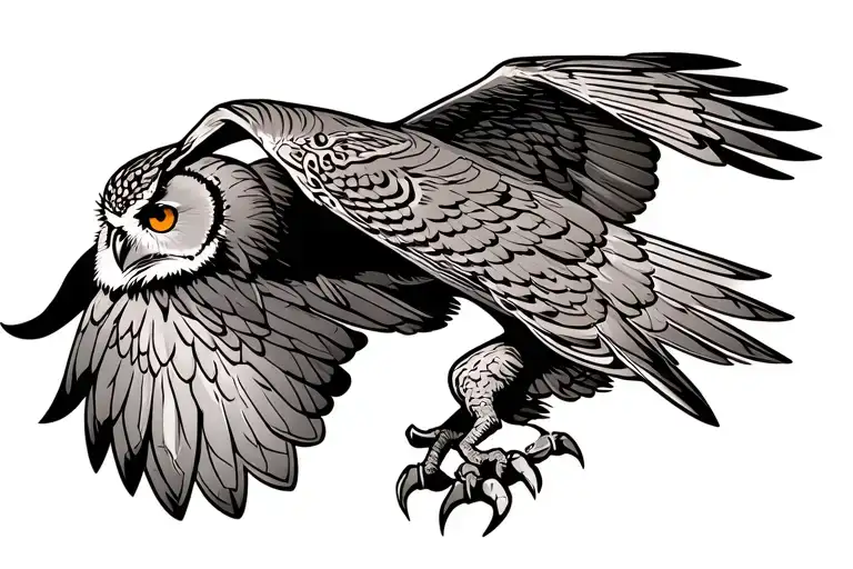 Greated horned owl flying to the left with its talons down to grab prey tattoo design idea
