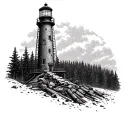 A mechanical clockwork lighthouse towering over a forest of carpentry tools tattoo design idea