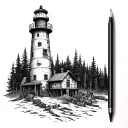 A mechanical clockwork lighthouse towering over a forest of carpentry tools tattoo design idea