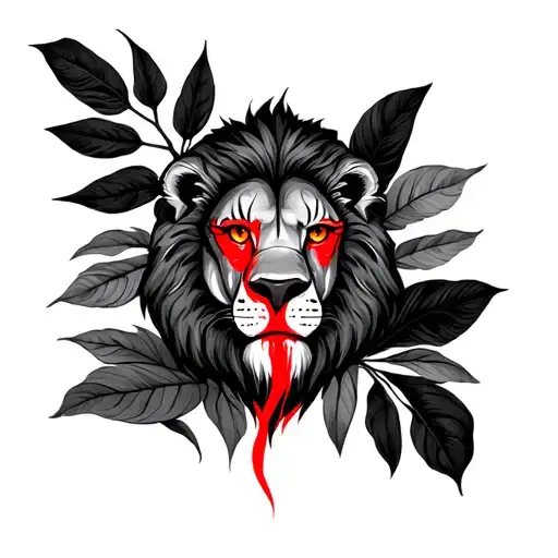 lion with claw Mark across eye in red behind jungle leaves  tattoo design idea
