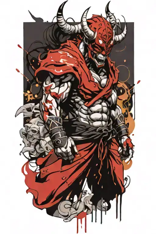 anime character full body wearing a oni mask fighting off inner demons with minimal black areas tattoo design idea