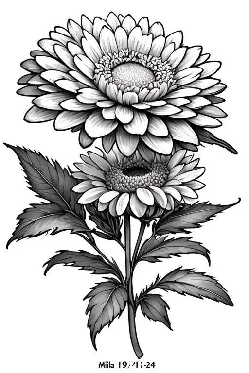 Chrysanthemum flower with Mila and 19-11-24 written in the stem tattoo design idea
