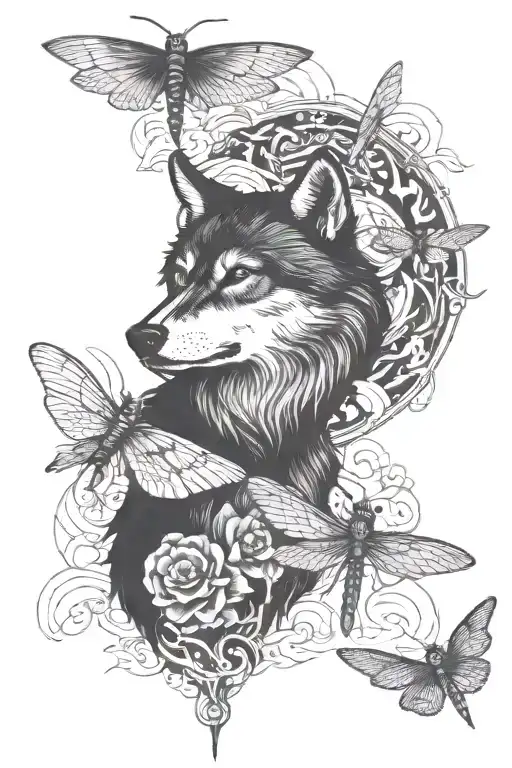 wolf, dragonfly flying tattoo design idea