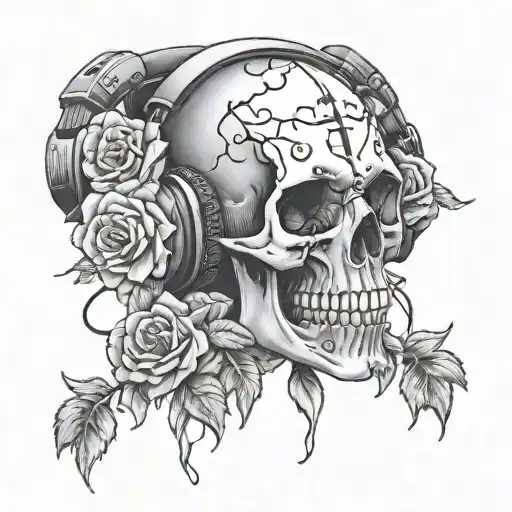 skull wearing headphones and holding roses bleeding and qoute 'even the dark has its depth' tattoo design idea