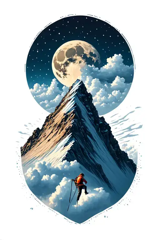 "करुणा" mountain and moon above clouds. small climber reaching the summit tattoo design idea
