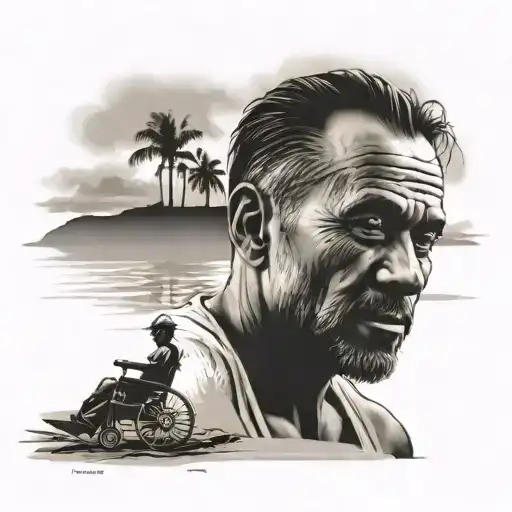 Create a tattoo of a man on a beach in the eastern cape the man must be standing feet in sand  with a wheel chair on sid tattoo design idea