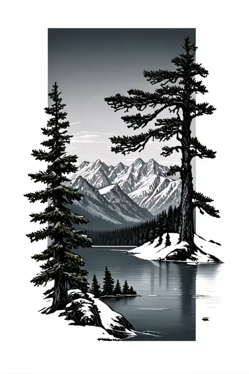 mountains Olivetree pinetree lake snow tattoo design idea