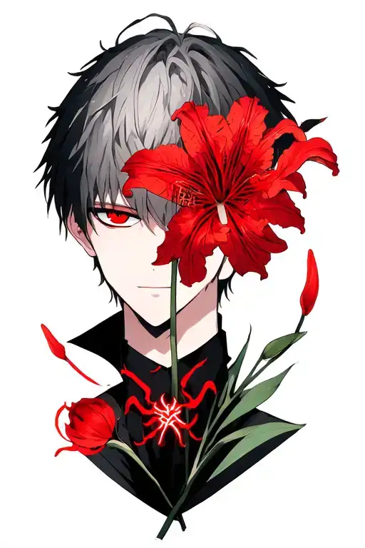 Ken kaneki with red spider lily and benimaru's doppelgänger with the x&o eyes tattoo design idea