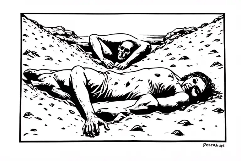 postapocaliptic dead people laying in ditch tattoo design idea