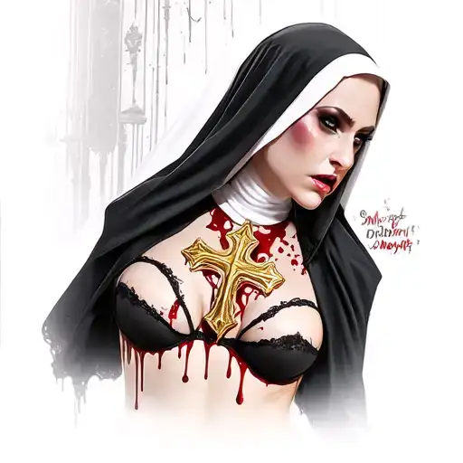 Sexy Nun, huge boobs,, revealing attire, seductive facial expressions, gold cross dripping blood, Lingerie, sexual tattoo design idea