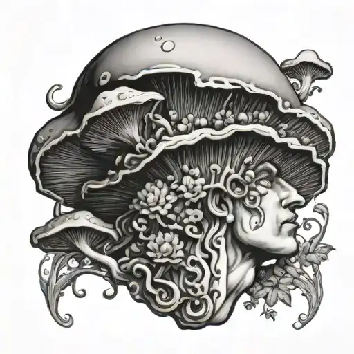 Dionysus mushroom coming out of head emerging tattoo design idea