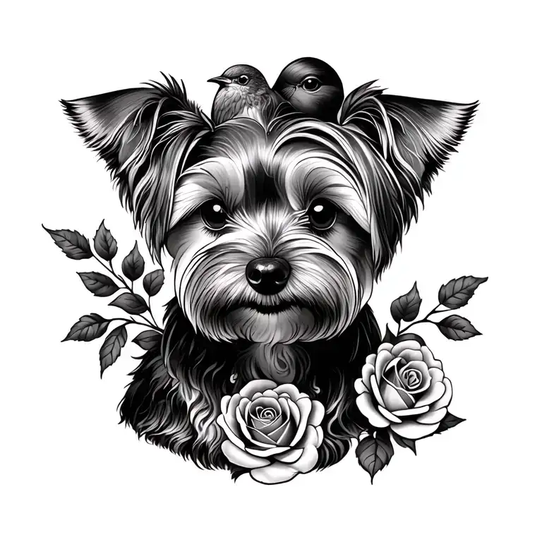 Yorkshire terrier with a robin bird and roses intertwined tattoo design idea