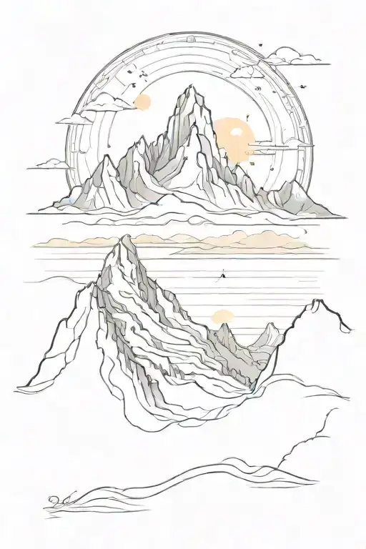 A sketch mountain  traill with a sunset over the ocean  tattoo design idea