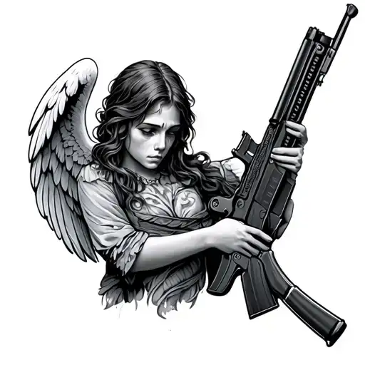 sad angel holding a AK 47 gun tattoo design idea