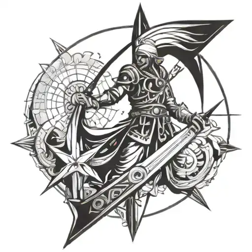 The design of an Iranian warrior with the sun, the moon, the compass, the mountain, the sea, and the arrow tattoo design idea